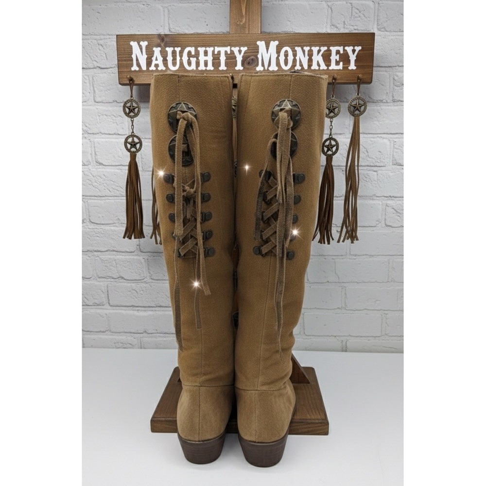 🔥Naughty Monkey‎ 🙊Tall Suede 🤠Western Boots Brown Medallion Tassel Lace Up  8